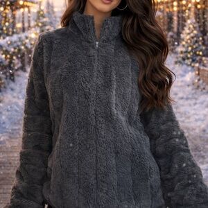 Women's Gray Faux Fur Jacket